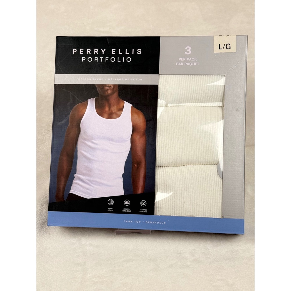 Perry Ellis Portfolio Mens 3 Pack Ribbed Tank Tops White Cotton Blend Large New